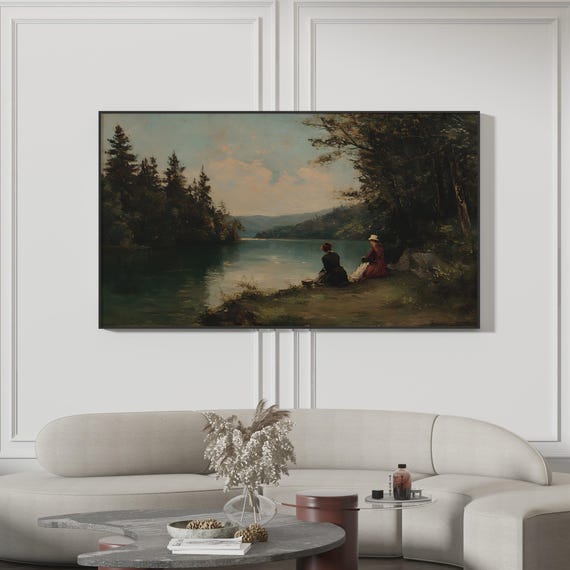 Lake Landscape Frame Tv Art Vintage Oil Painting Women Sitting By Water Antique Victorian Nature Scene Moody Forest Decor 4k