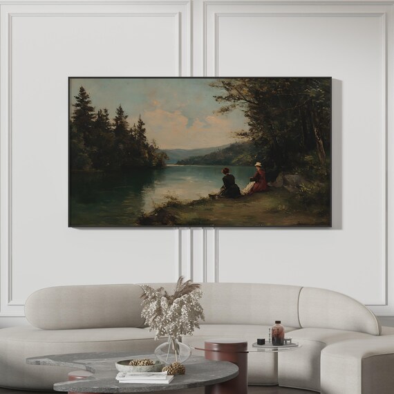 Victorian Women by Lake Vintage Oil Painting Forest Decor Poster