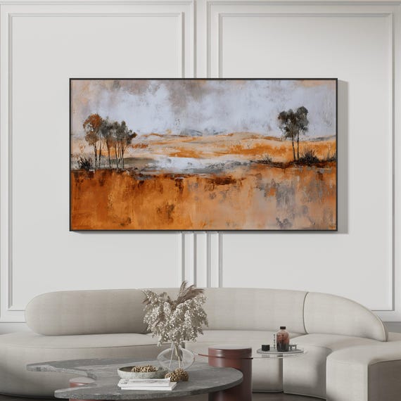 Samsung Frame Tv Art Abstract Landscape Oil Painting Orange Brown Grey Textured Modern Farmhouse Desert Horizon 4k