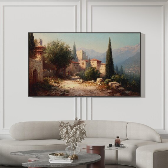 Mediterranean Village Stone Houses Cypress Trees Painting Poster