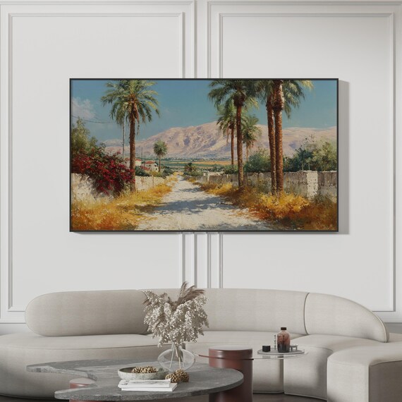 Palm Tree Desert Lane Tropical Oasis Mountain Vintage Painting Poster