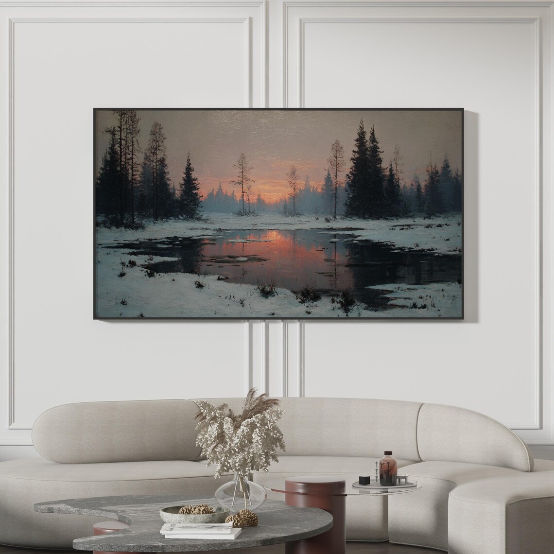 Winter Sunset Marsh Painting Poster Snowy Wetland Landscape Cold Dusk Art