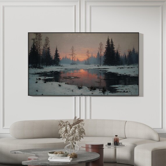 Winter Sunset Marsh Painting Poster Snowy Wetland Landscape Cold Dusk Art