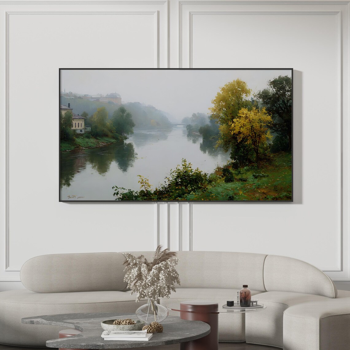 Foggy Waterside Scene Impressionist Oil Painting Country Poster
