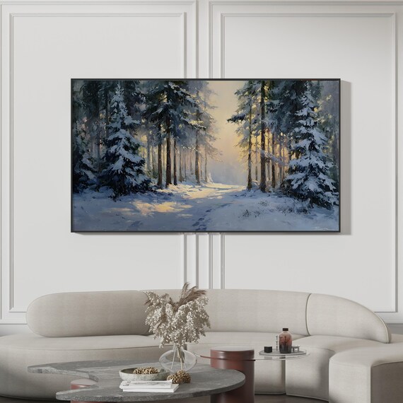 Winter Snowy Pine Forest Sunrise Golden Light Painting Poster