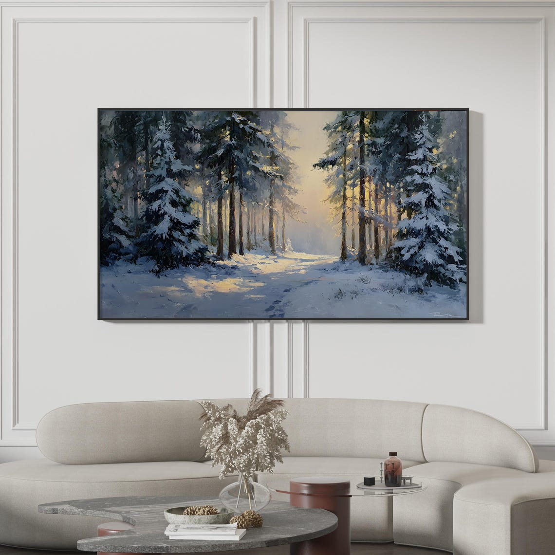 Winter Snowy Pine Forest Sunrise Golden Light Painting Poster