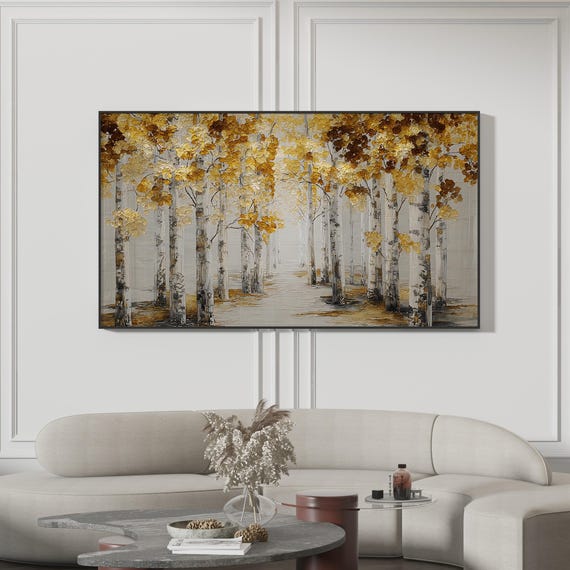 Samsung Frame Tv Art Gold And White Birch Tree Golden Aspen Forest Abstract Textured Landscape Modern Fall Decor 4k
