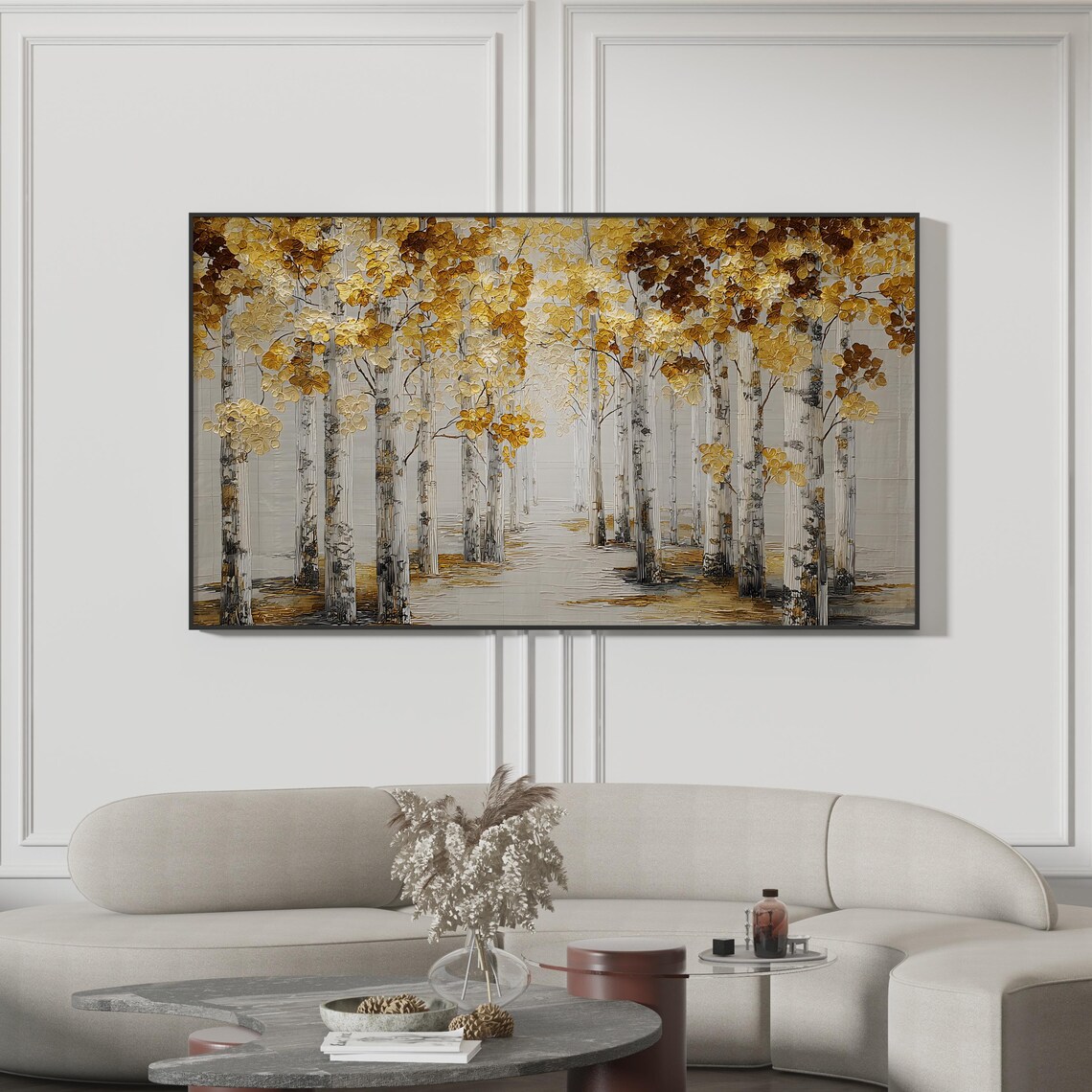 Samsung Frame Tv Art Gold And White Birch Tree Golden Aspen Forest Abstract Textured Landscape Modern Fall Decor 4k