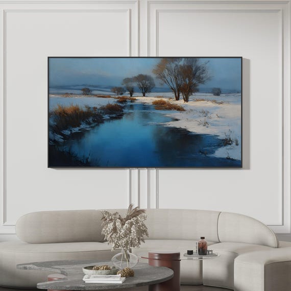 Snowy River Samsung Frame Tv Art Winter Creek Landscape Bright Blue Water Snow Rustic Farmhouse Decor 4k