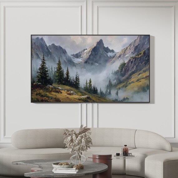Misty Mountain Valley Peaks Pine Forest Fog Painting Art Print