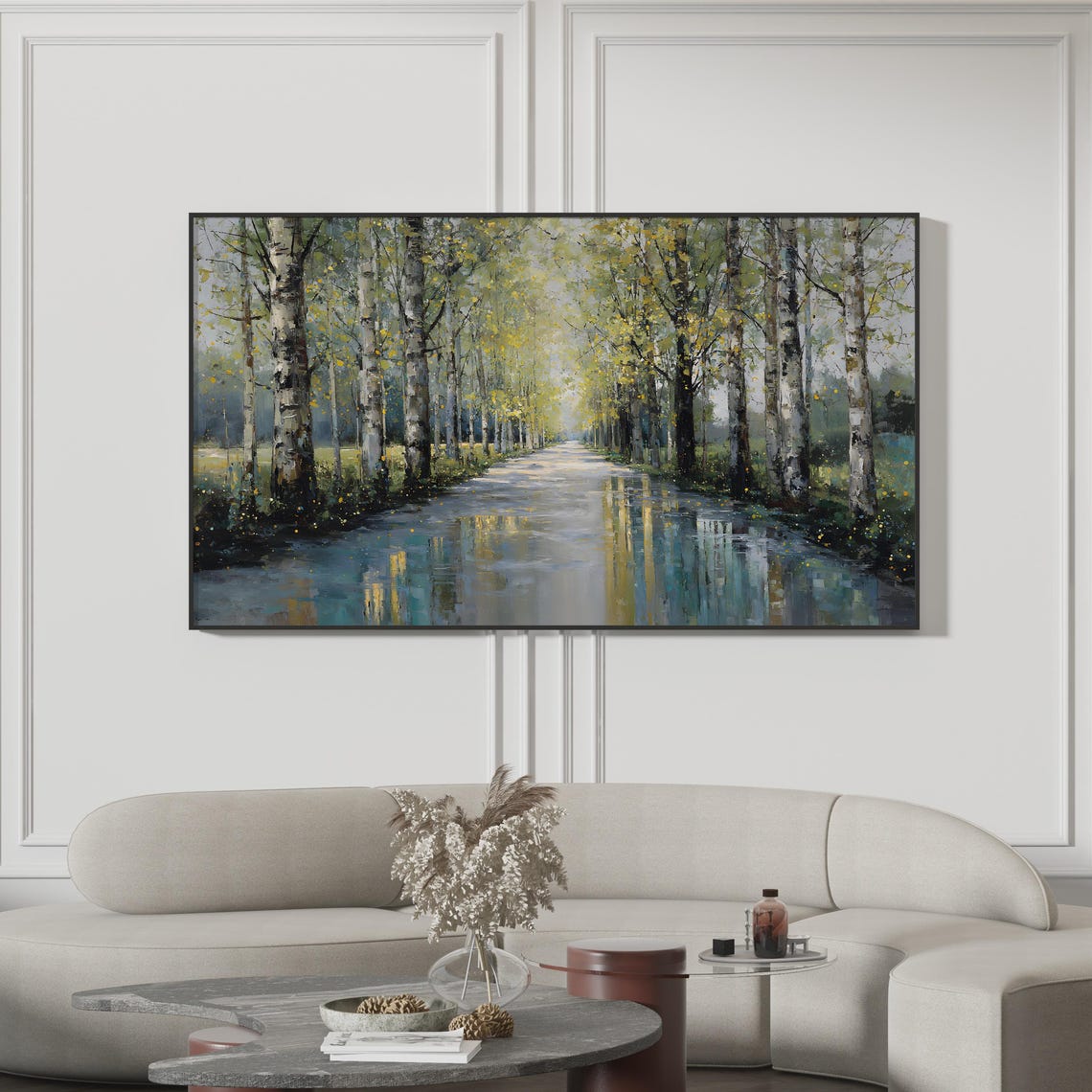 Birch Tree Avenue Water Reflection Impressionist Painting Print
