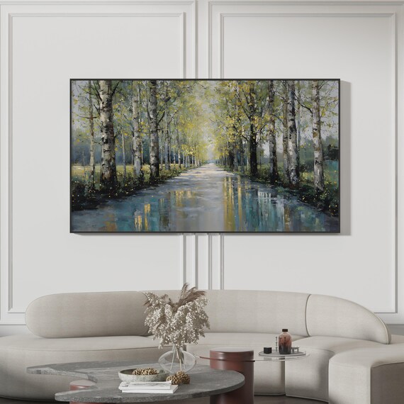 Birch Tree Avenue Water Reflection Impressionist Painting Print