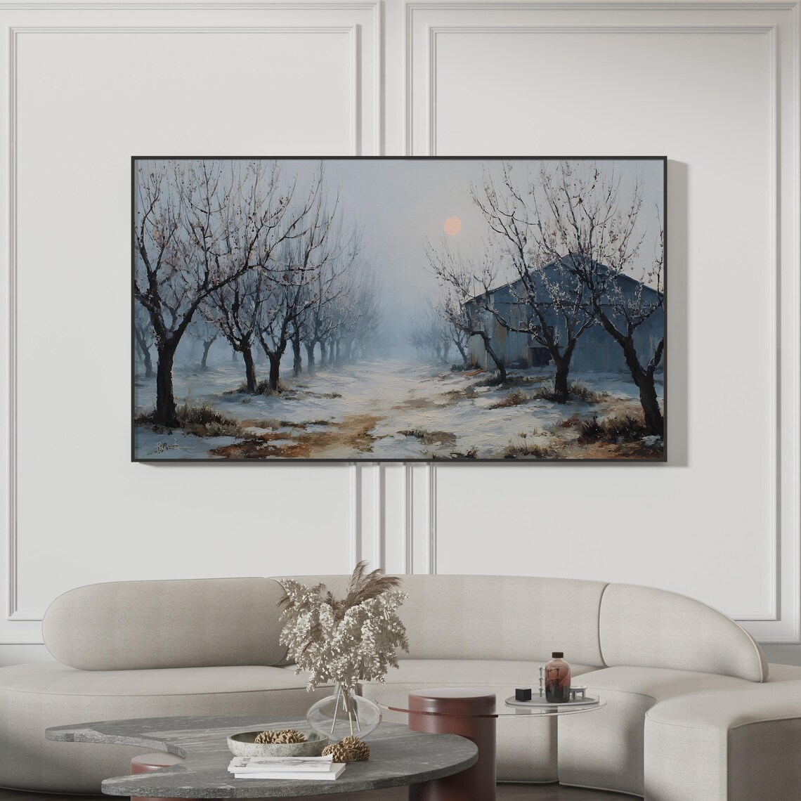 Snowy Winter Orchard Painting Poster Foggy Barn Landscape Farmhouse Art