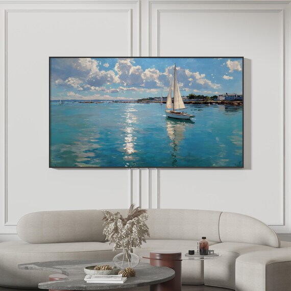 Coastal Sailboat Harbor Turquoise Water Seascape Painting Print