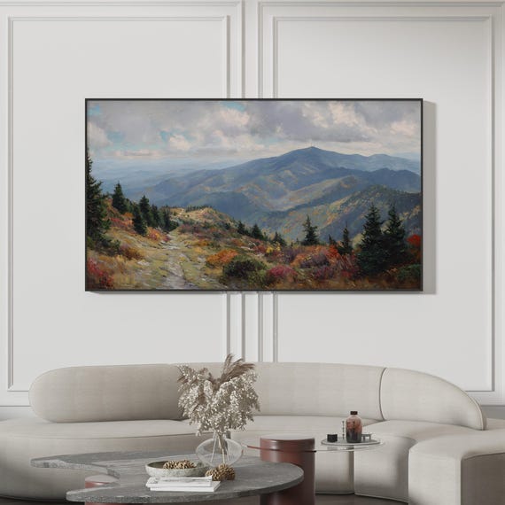 Hiking Trail Samsung Frame Tv Art Vintage Mountain Landscape Oil Painting Rustic Cabin Decor 4k