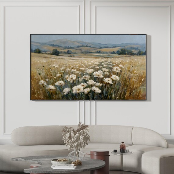 Summer White Poppy Field Golden Wheat Landscape Painting Print