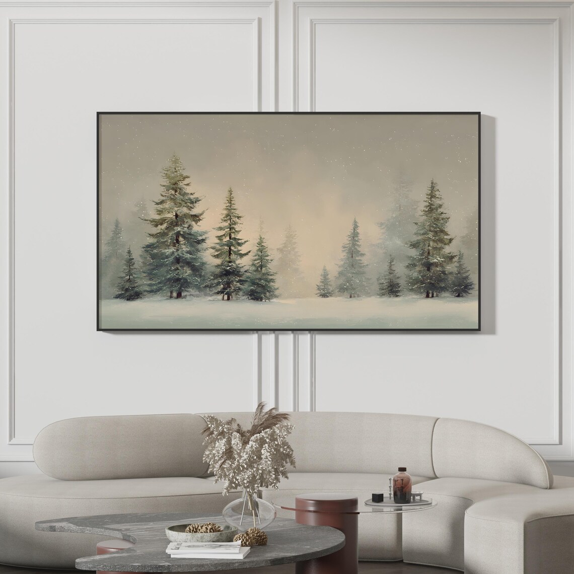 Misty Winter Pine Forest Snowfall Oil Painting Landscape Poster