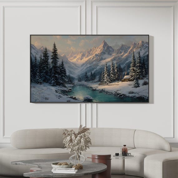 Samsung Frame Tv Art Winter Mountain Landscape Snowy Forest River Cozy Cabin Scenery Holiday Decor 4k