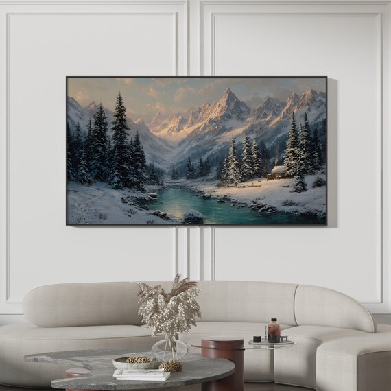 Winter Mountain Cabin Landscape Painting Poster Snowy Forest River Art