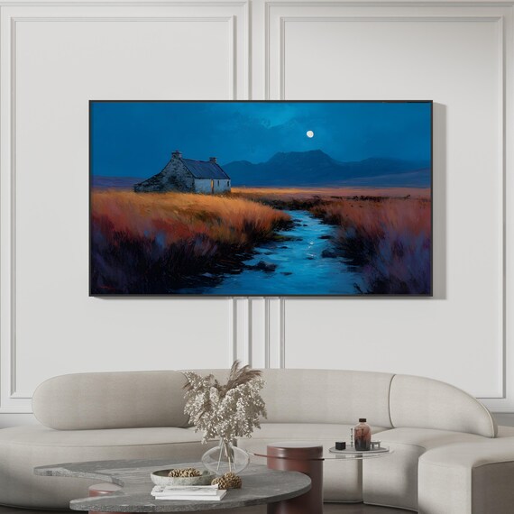 Moonlit Cottage Night Meadow Stream Mountain Landscape Print