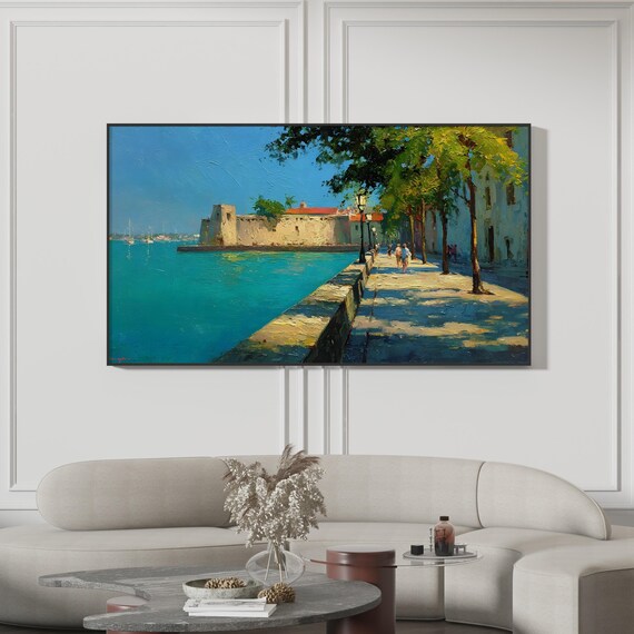 Sunny Dubrovnik Coastal Painting Adriatic Sea Promenade Art Print