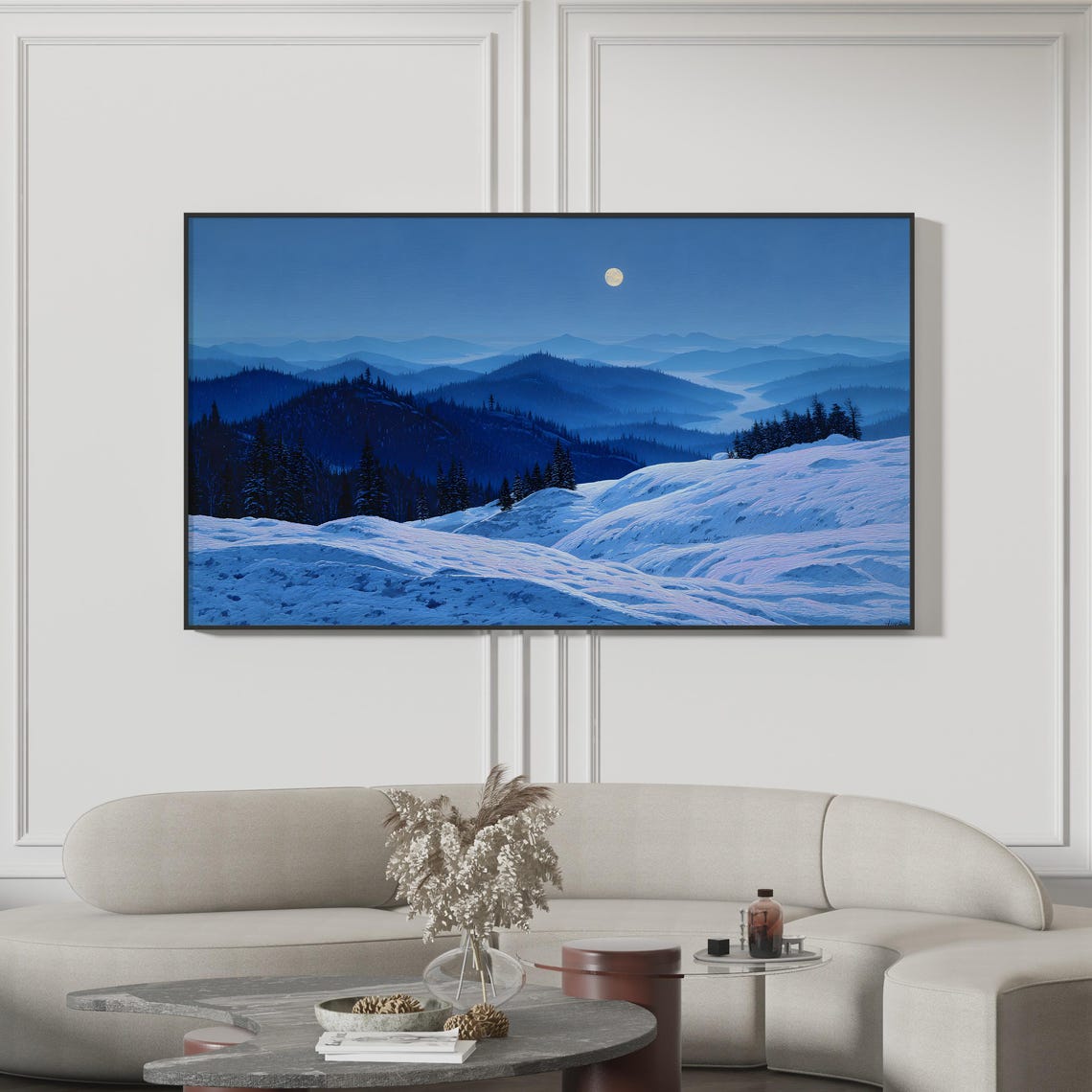 Moonlit Snowy Mountain Valley Winter Forest Night Landscape Print