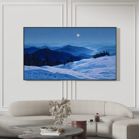 Snowy Mountain Samsung Frame Tv Deep Blue Winter Forest Art Serene Valley Night Scene