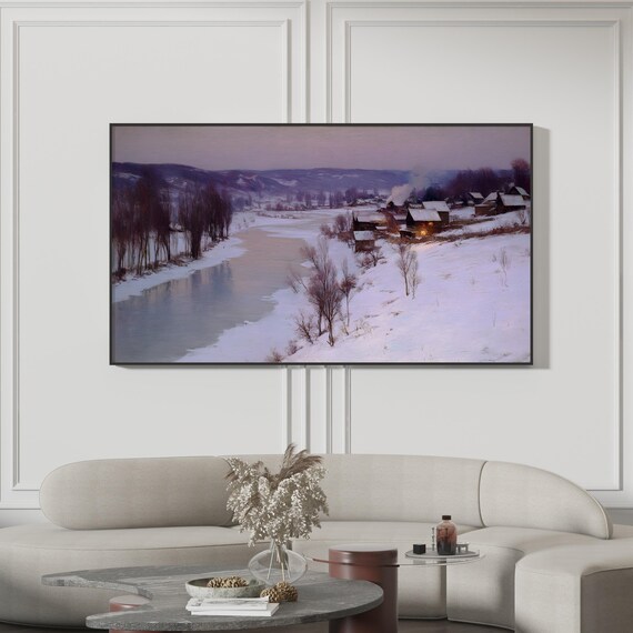 Snowy Winter Village Dusk Painting Frozen River Landscape Poster