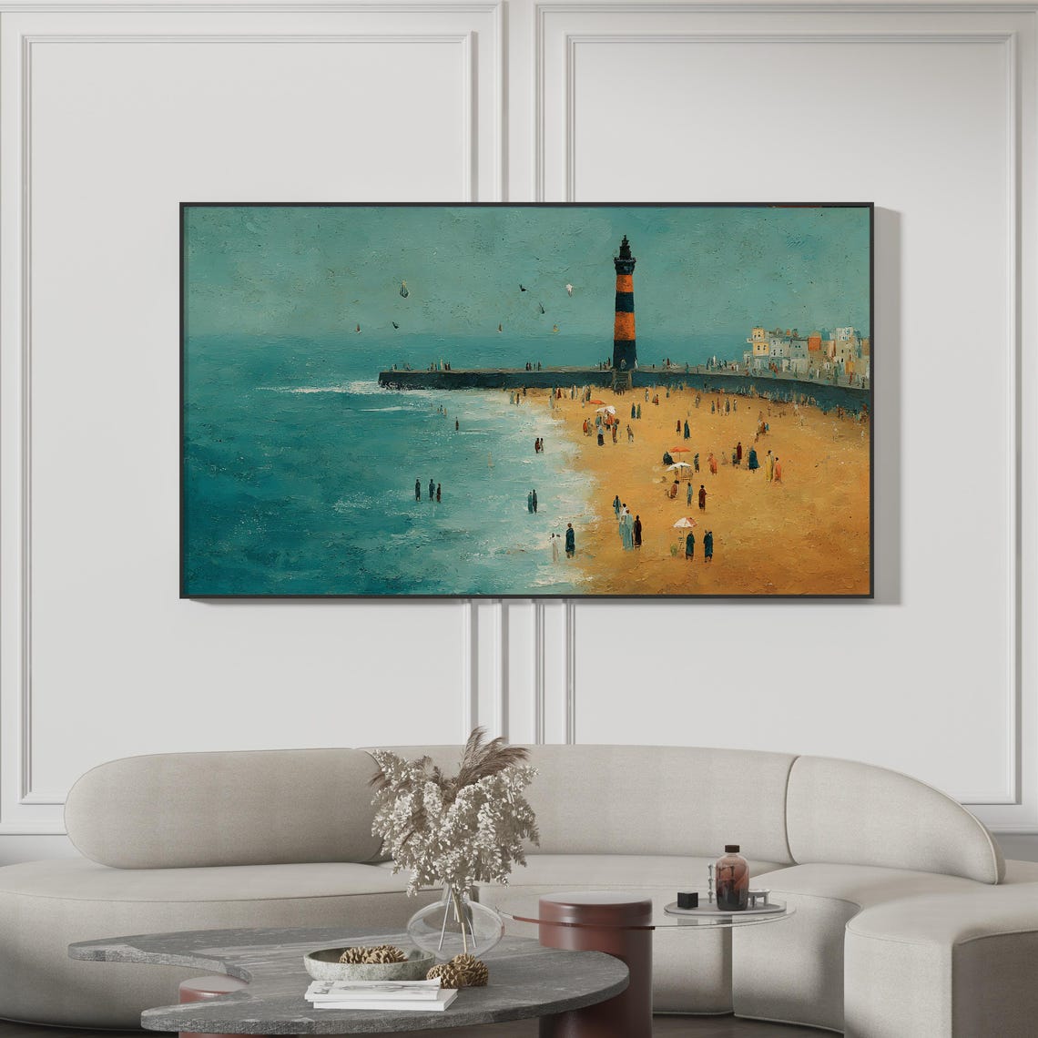 Lighthouse Beach Impressionist Seascape Crowded Shore Painting Print