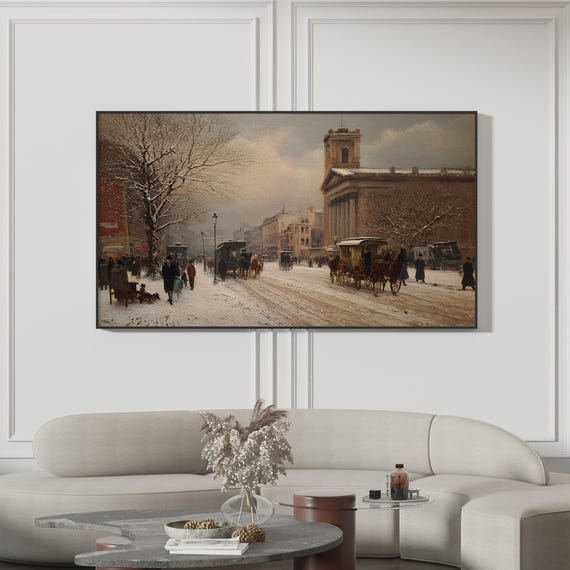 Victorian Winter Frame Tv Art Vintage City Snow Painting 19th Century Urban Landscape Horse Drawn Carriage Classic Christmas