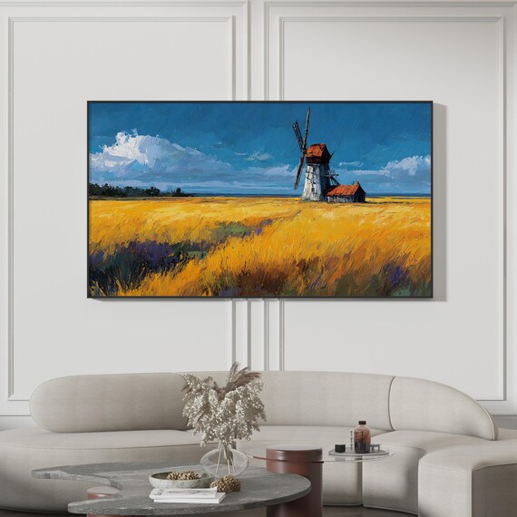Windmill Golden Wheat Field Painting Poster Impressionist Summer Countryside
