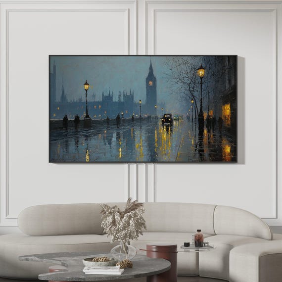 Rainy London Samsung Frame Tv Art Vintage Big Ben Cityscape Moody Street Reflections British Travel Decor 4k