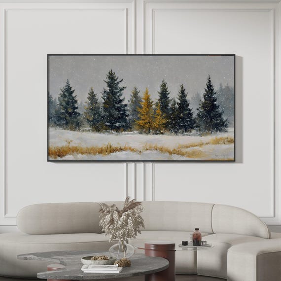 Winter Pine Forest Frame Tv Art Vintage Snowfall Painting