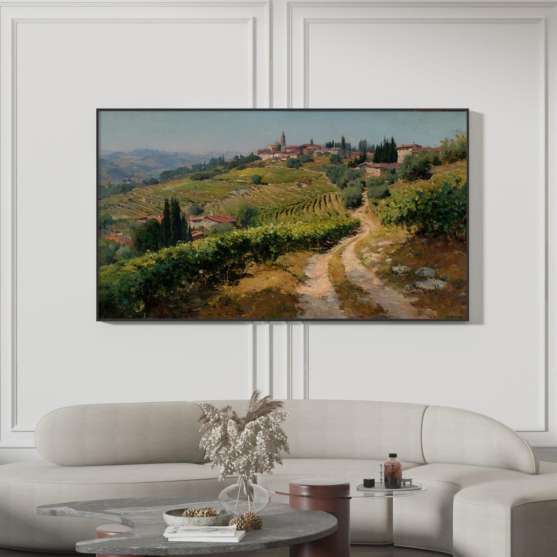 Italian Tuscan Village Vineyard Hills Cypress Trees Landscape Print