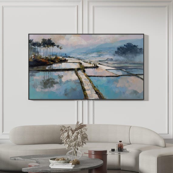 Rice Field Samsung Frame Tv Tropical Misty Landscape Art Impressionist Palm Trees Farm View