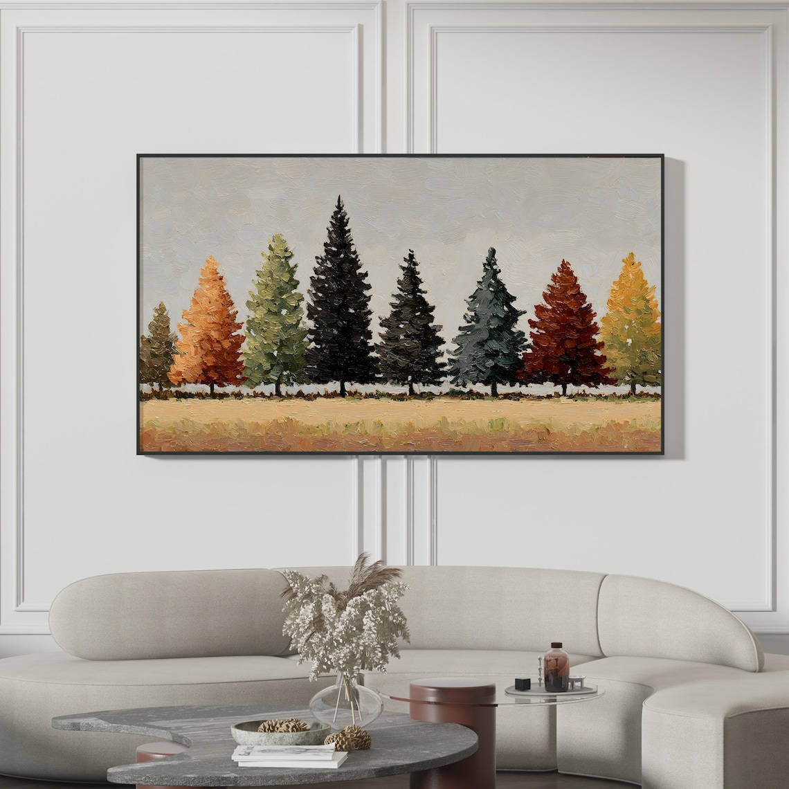Golden Autumn Forest Tree Row Textured Scandinavian Oil Painting Poster