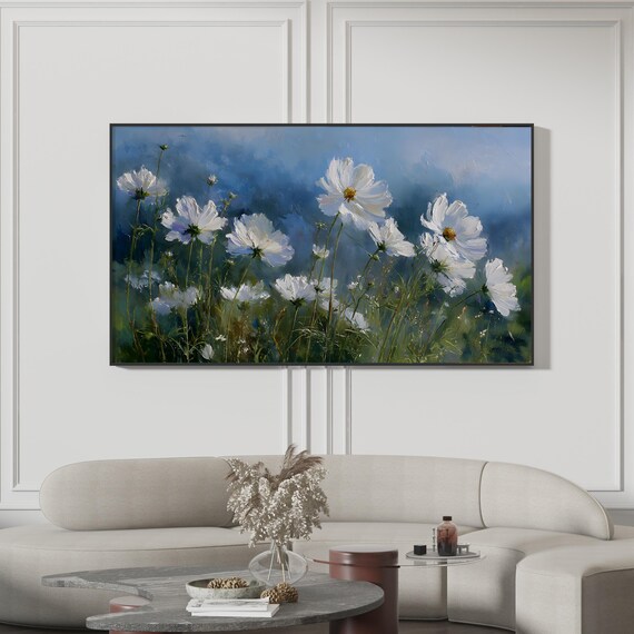 White Cosmos Flowers Impressionist Summer Meadow Floral Art Print