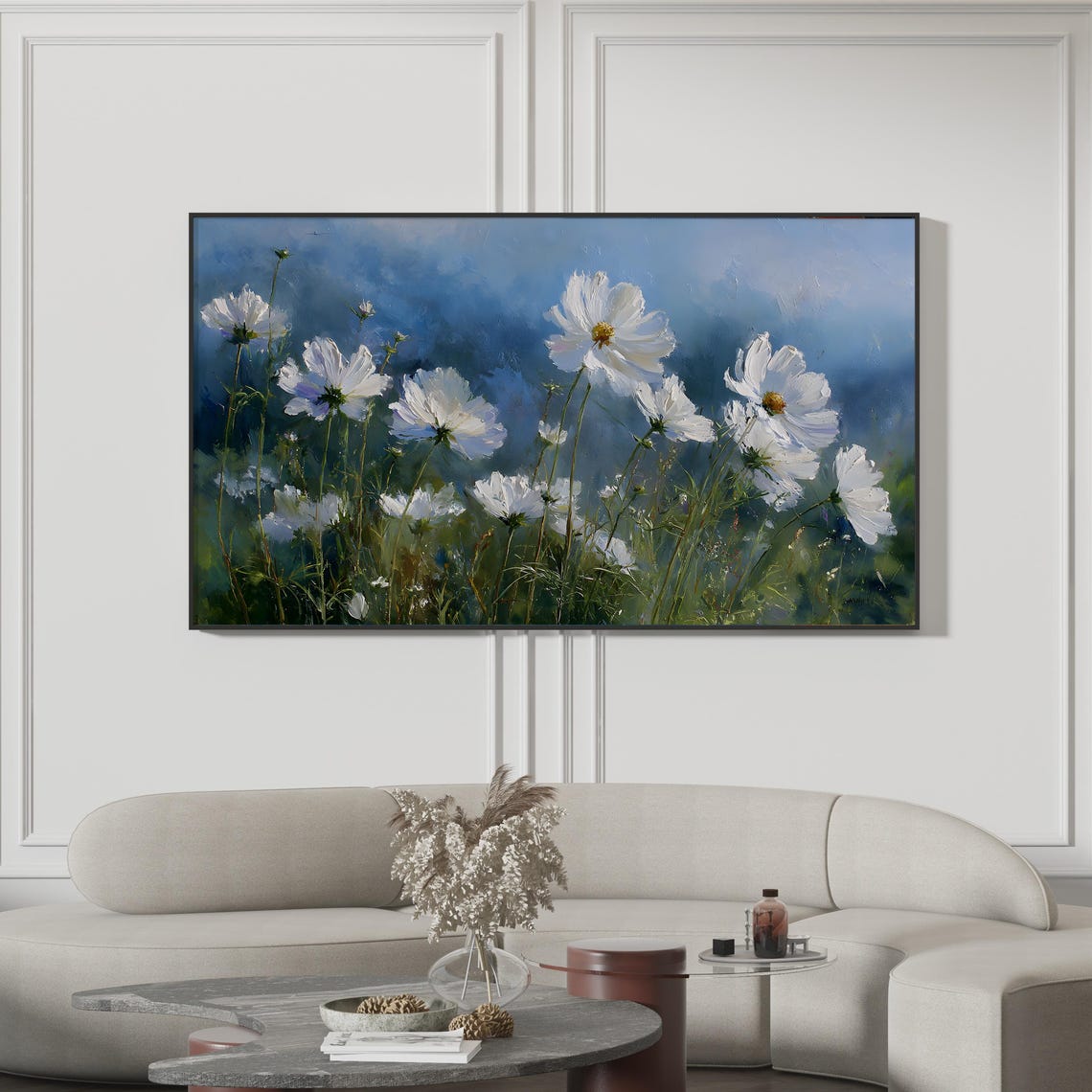 White Cosmos Flowers Impressionist Summer Meadow Floral Art Print