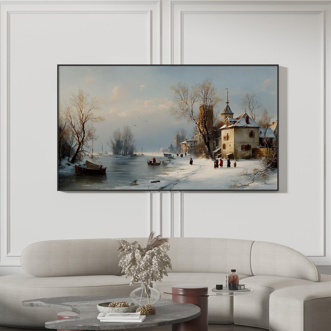Frozen River Landscape, Impressionist Snowy Town Scene
