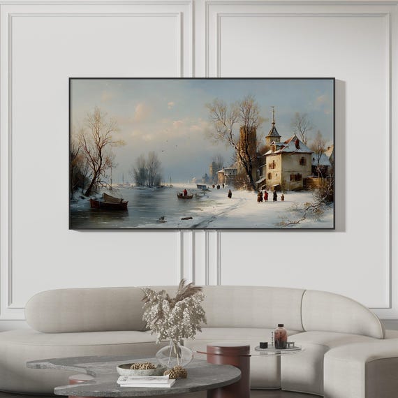 Frozen River Landscape, Impressionist Snowy Town Scene