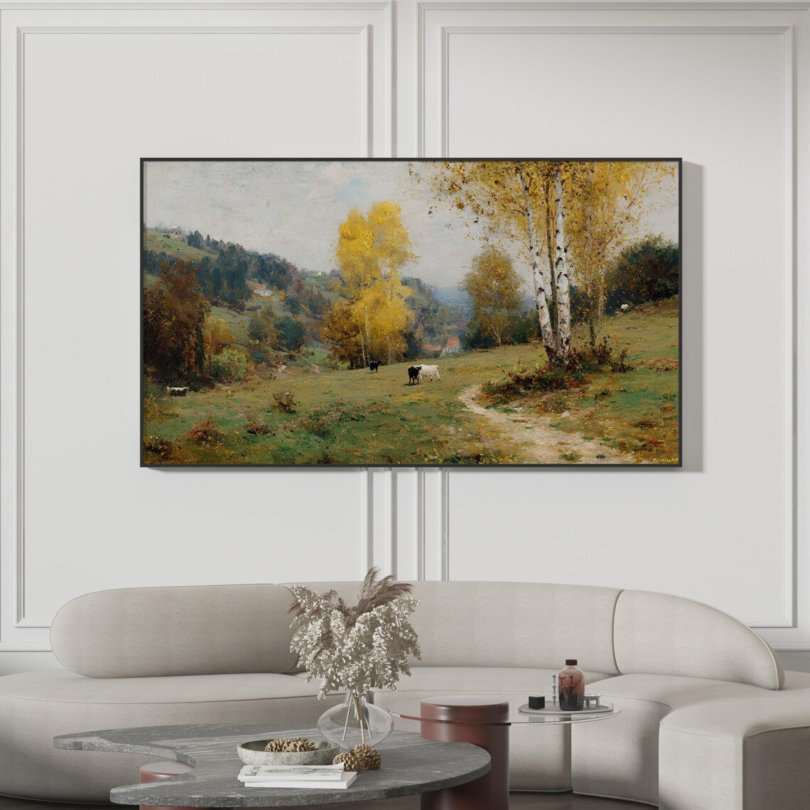 Vintage Pastoral Landscape Oil Painting Autumn Cows Farm Poster