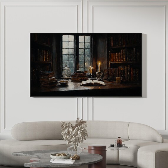 Samsung Frame Tv Art Dark Academia Library Oil Painting Vintage Books Candlelight Rainy Window Study Moody Home Office Decor 4k