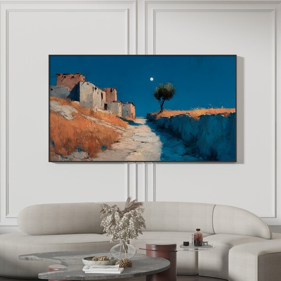 Samsung Frame Tv Art Night Landscape Oil Painting Full Moon Village Scene Blue And Orange Wall Rustic Mediterranean 4k