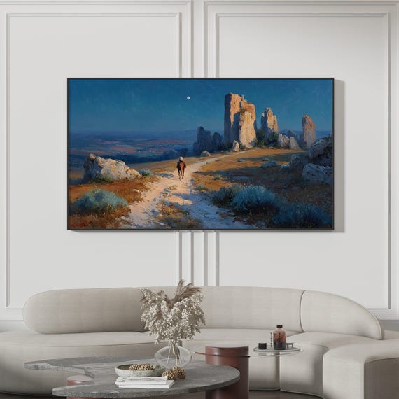 Samsung Frame Tv Art Cowboy On Horseback Painting Western Desert Night Landscape Lone Rider Moonlit Sky Rustic Southwest Decor 4k