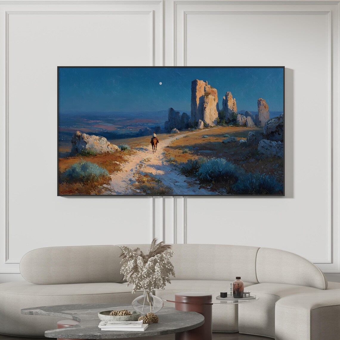 Cowboy On Horseback Moonlit Desert Western Night Painting Print