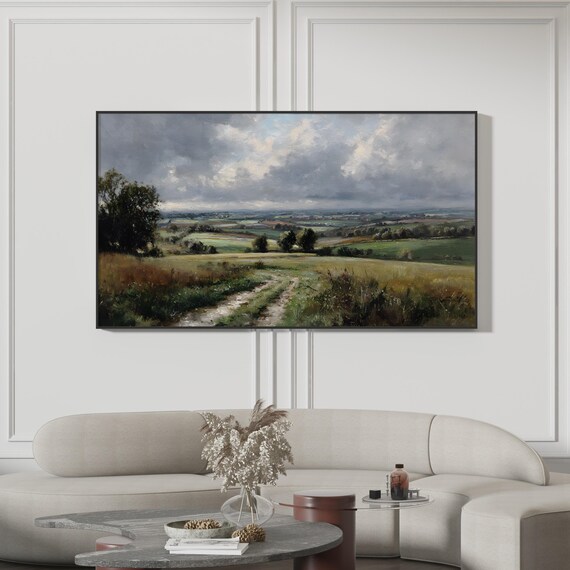 Samsung Frame Tv Green Countryside Painting Rural Landscape Art Impressionist Cloudy Sky Farm Scene