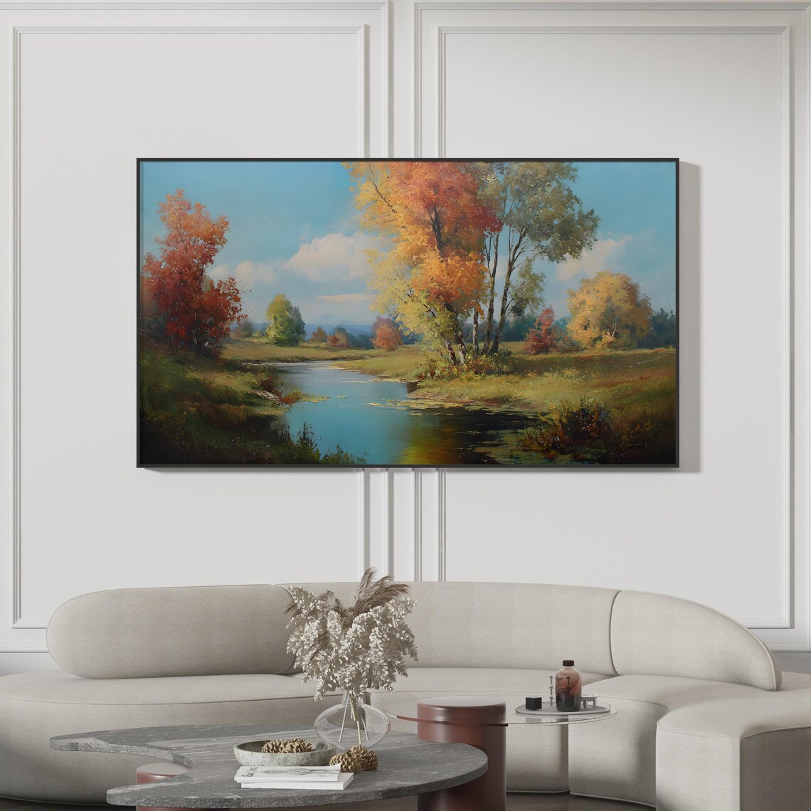 Autumn River Landscape Painting Poster Vibrant Fall Foliage Oil Artwork
