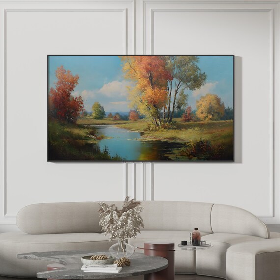Autumn River Landscape Painting Poster Vibrant Fall Foliage Oil Artwork