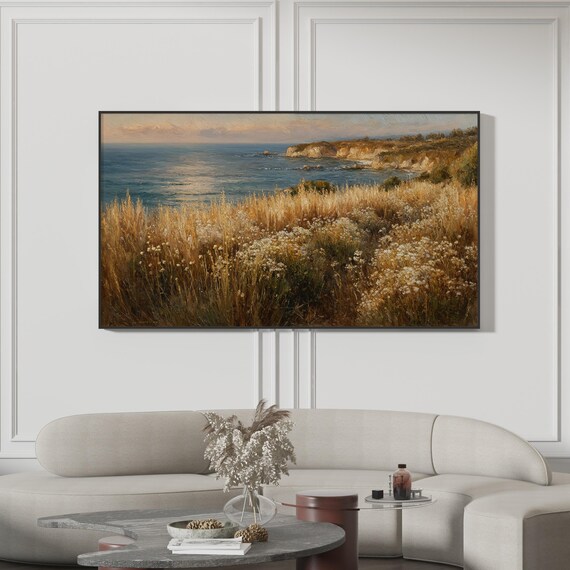 Coastal Sunset Cliff Grassy Bluff Ocean Painting Poster Nature Decor