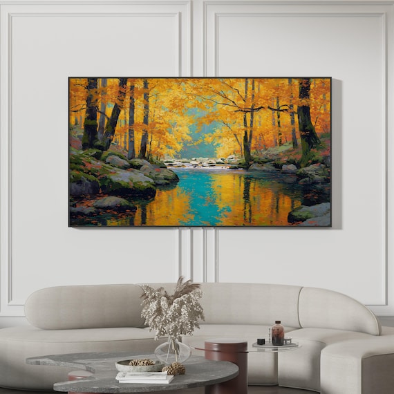 Autumn River Golden Forest Reflection Oil Painting Landscape Poster